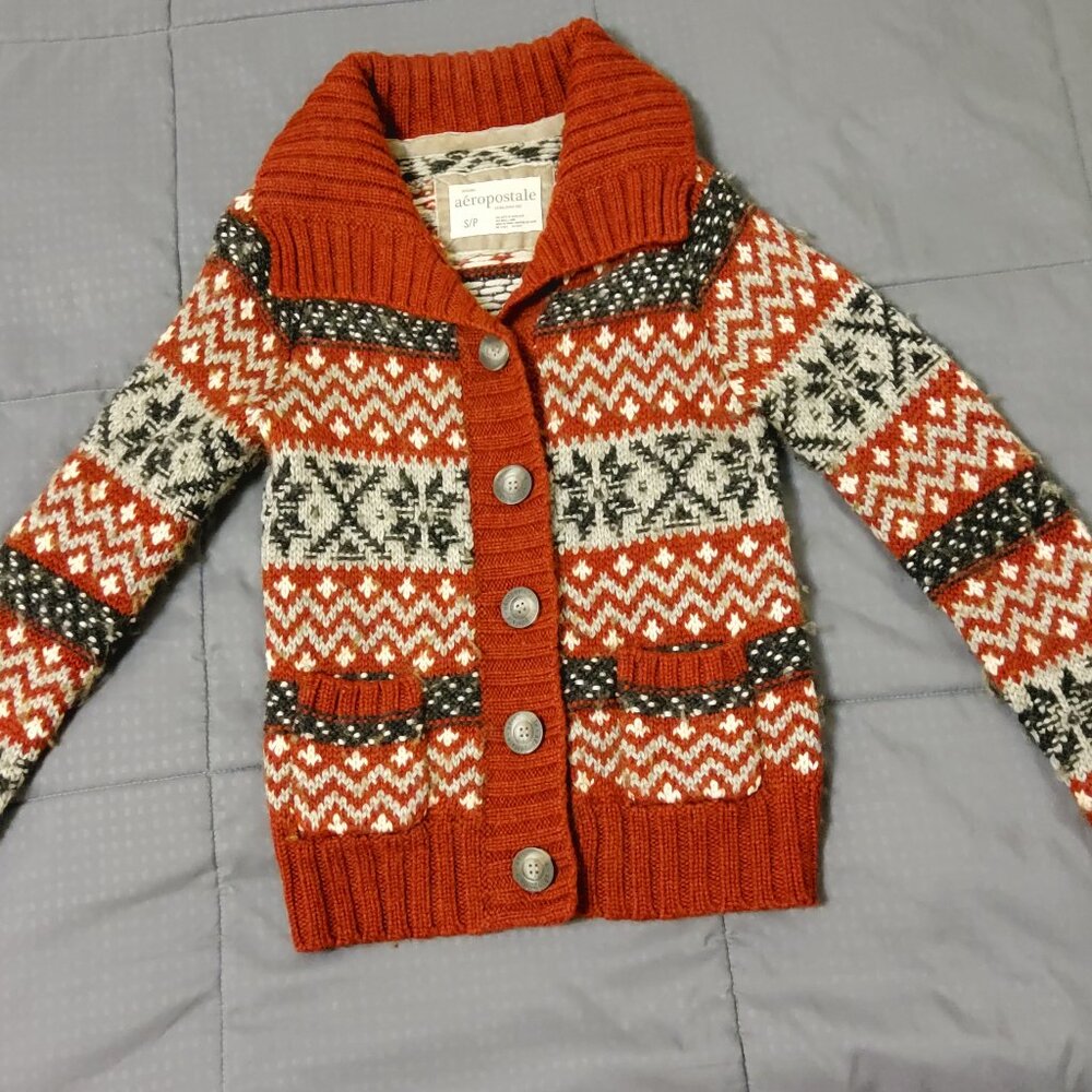Aeropostale Snowflake Cardigan Winter Holiday Chunky Wool Blend Knit Sweater